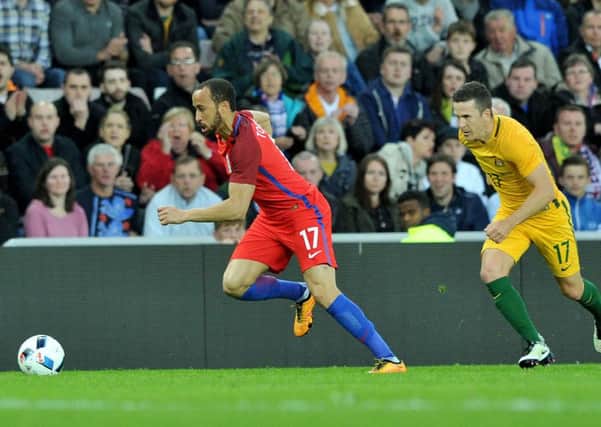 Newcastle winger Andros Townsend bursts down the flank in his late substitute appearance for England against Australia. Picture by Frank Reid