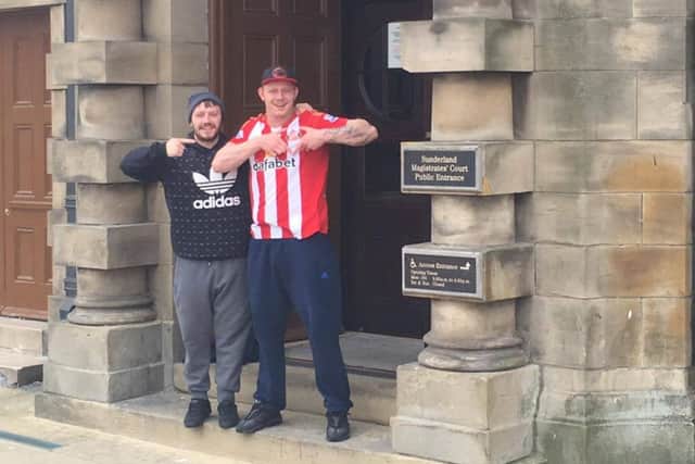 Alan and Ben Appleby celebrating outside of court after not getting banned from the Stadium of Light