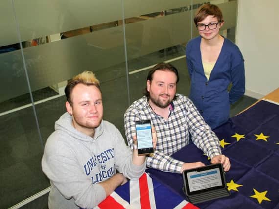 Jack Stoker (left), Jamie Mercer and Alice Drysdale of Youth Focus: North East are urging young people not to miss out on the chance to vote in this month's EU Referendum.