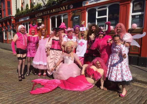 Big Pink Dress Fashion Show for  Breast Cancer Now.
(L-R)  Chris Coffey, Gordy Cossey, Brian Clifford, Alan Cowell, Stephen Sullivan, Colin Burgin-Plews, Rictus Grimm, Darren Wilkey, Martin McManus and Jon Green at Steamboat South Shields.