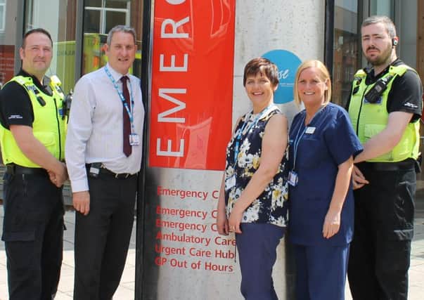 (from left) Police Community Support Officer Lee Sherriff; South Tyneside NHS Foundation Trusts Fire, Safety and Security Manager Glenn Mattinson; Clinical Operational Manager for Urgent Care Kay Stidolph; Emergency Department Manager Julie Russell, and Police Community Support Officer Dan Baxter