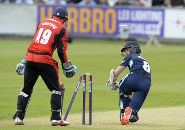 Kane Williamson is bowled by Chris Rushworth.  Picture Bruce Rollinson