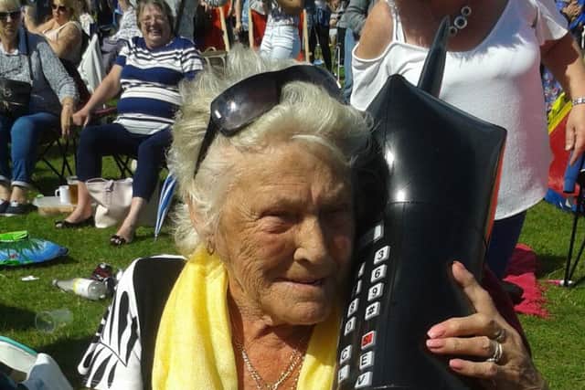 Beatrice Ord at the Bents Park gig where she was treat like a VIP recieving a inflatable mobile phone as a gift.