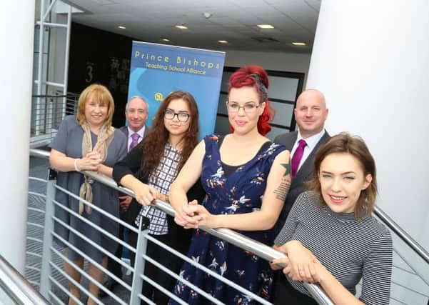 Sixth form students Chloe Manuel and Phoebe Hedley either side of former government

mental health champion Natasha Devon. With them are (left to right) Paula Thompson,

Principal of St Benedict Biscop Academy, Chris Shaw, Assistant Head Teacher of Whitburn

Academy and Alan Hardie, Principal, Whitburn Academy.