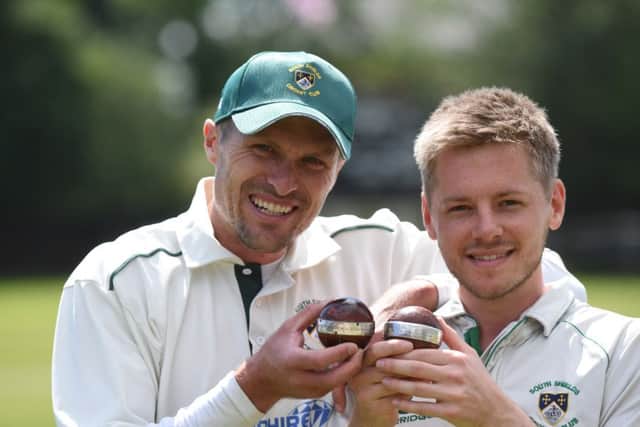 - Durham county and South Shields batsman Gordon Muchall, left, and South Shields captain Chris Rainbow, with the historic cricket balls.