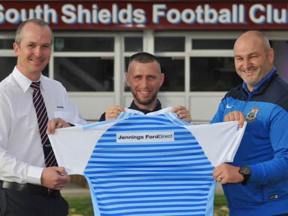 From left to right, Jennings Ford Direct sales controller Jamie Steel, South Shields FC player Barrie Smith and the club's manager, Jon King.