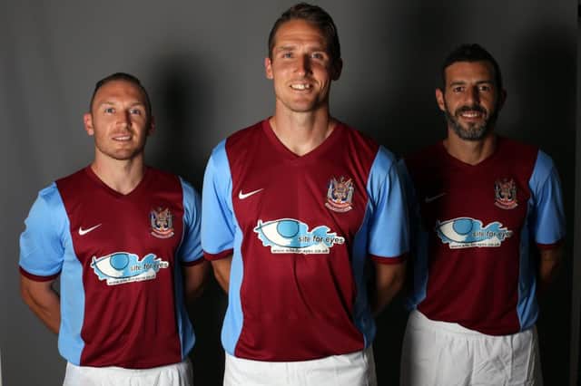 From left to right, David Foley, Jon Shaw and Julio Arca model South Shields home kit. The shirt is available by calling the club on 0191 454 7800.
