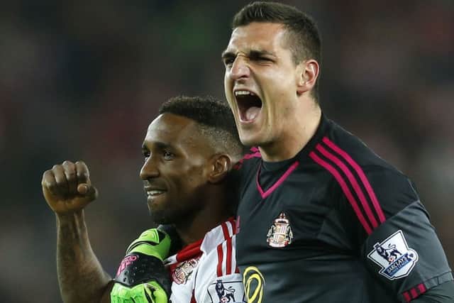 Sunderland keeper Vito Mannone celebrates Premier League survival back in May