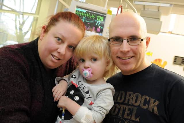 Parents Kerryanne and Ian Maxwell with two year old daughter Sophie Maxwell at The Children's Heart Unit Freeman hospital