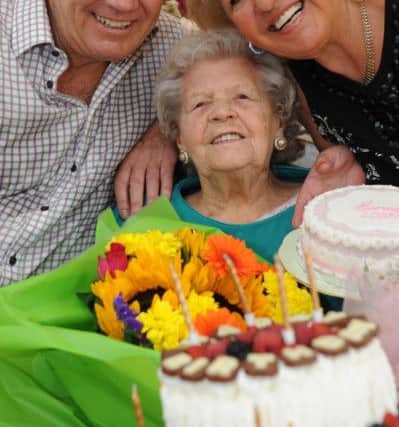 Jenny Gasston celebrates her 102nd birthday at Palmersdene, Jarrow, with son Stuart and his partner Nancy Hogg.