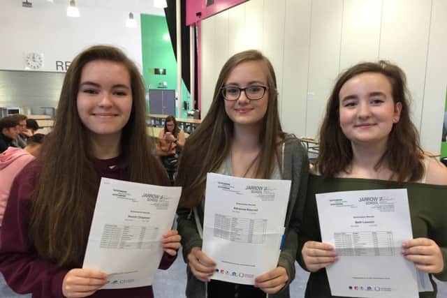 Jarrow School pupils, from left, Niamh Chapman, Adrienne Kearvell and Beth Lawson, are all off to Newcastle College Sixth Form after collecting their GCSE results.