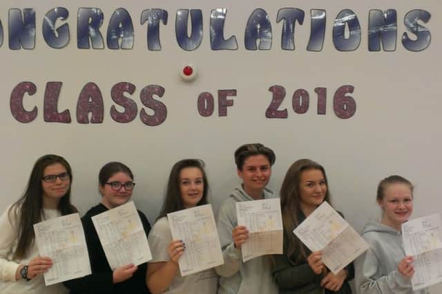 Congratulations to the class of 2016 as students pick up their results. 
L-R Shannon Dunn, Sian Robinson, Lauren Holder, Ewan McKenzie, Emma Robson and Kayla Davison.