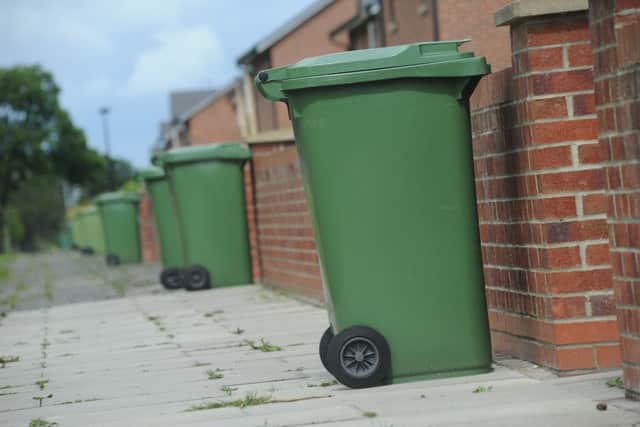 Green Waste bins waiting collection along King George Road, South Shields.