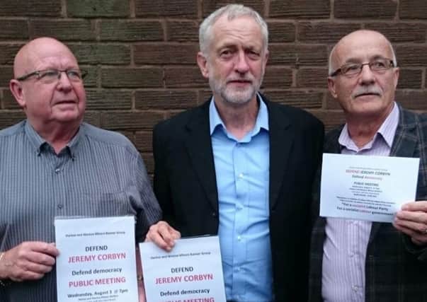 From left, Ronnie Peterson of Harton and Westoe Miners Banner Group, Jeremy Corbyn and John Watson.