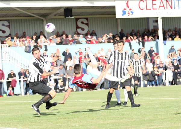 South Shields' Carl Finnigan attempts an overhead kick. Picture by Peter Talbot.