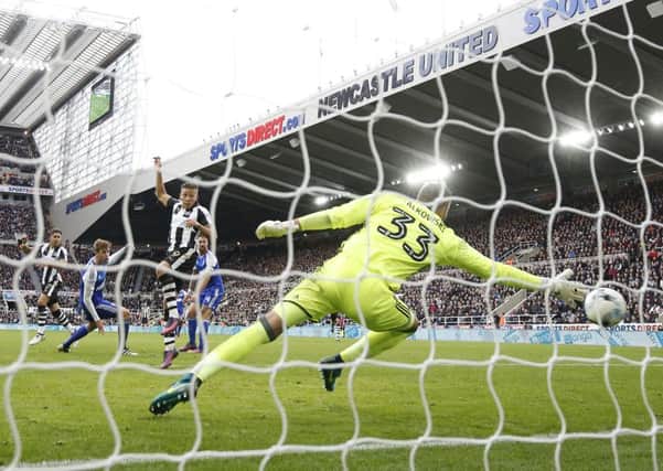 Newcastle Uniteds Ayoze Perez, left, scores his second goal against Ipswich Town at St Jamess Park.