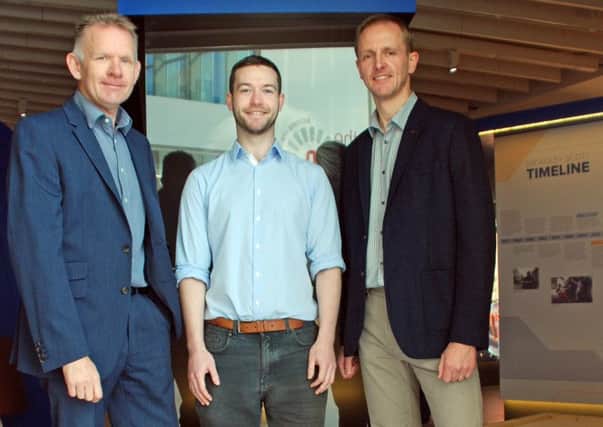 Waymark managing director David Brophy, left, with software developer Martin Ridley and Jon Ternent, studio manager at Sheridan Design.