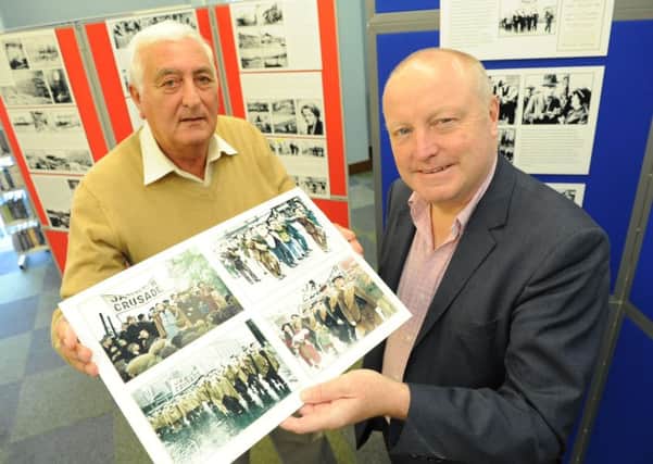 Jarrow MP Stephen Hepburn with photographer Paul Perry at his Jarrow March Exhibiton on show at Jarrow Library.