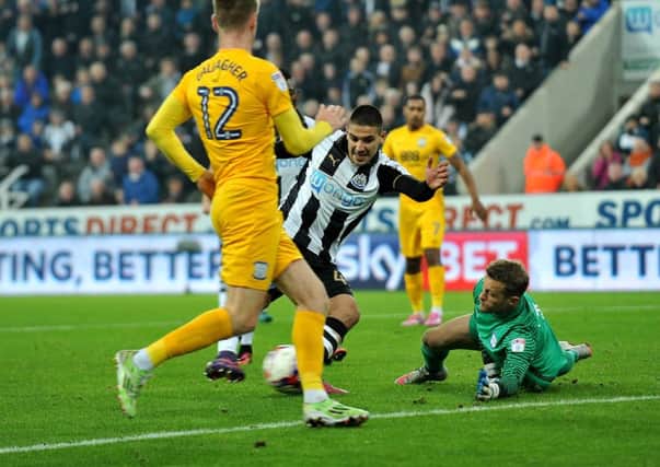 Newcastle United striker Aleksandar Mitrovic scores one of his two goals against Preston North End in Tuesdays EFL Cup tie at St Jamess Park.
