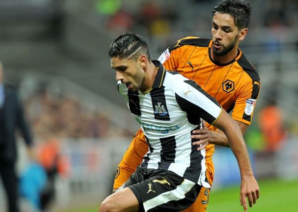 Achraf Lazaar in EFL Cup action for Newcastle against Wolves this season. Picture by Frank Reid