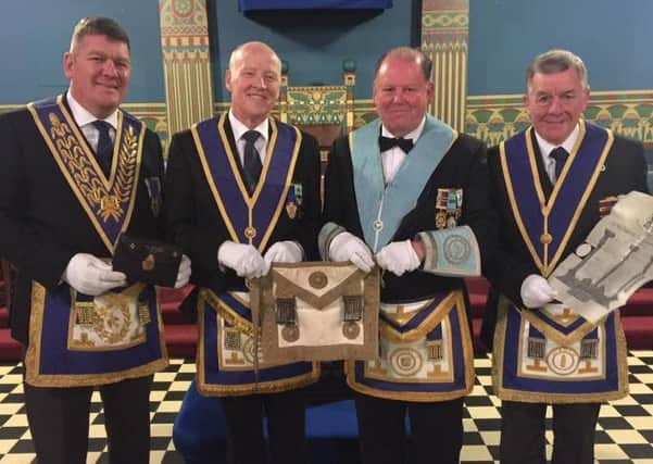 L-R Assistant Provincial Grand Master John Watts, Worshipful Brother John Perry, Worshipful Master of St Bede Lodge Phil Dunn and Deputy Communications Officer Paul ODoherty