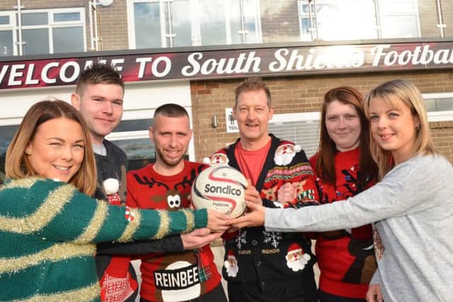 St Clare's Hospice Jolly Jumper appeal at South Shields FC. From left Kayleigh Dodd, Steven Wytcherly, team player Barrie Smith, Carl Ferguson, Alisha Henry and Sam Crutwell