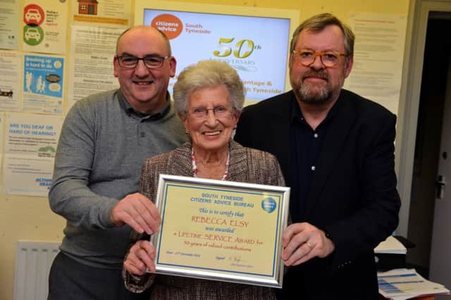 50th anniversary for South Shields CAB. From left CEO Ian Thompson, volunteer Rebecca Elsy and chair Keith Palmer