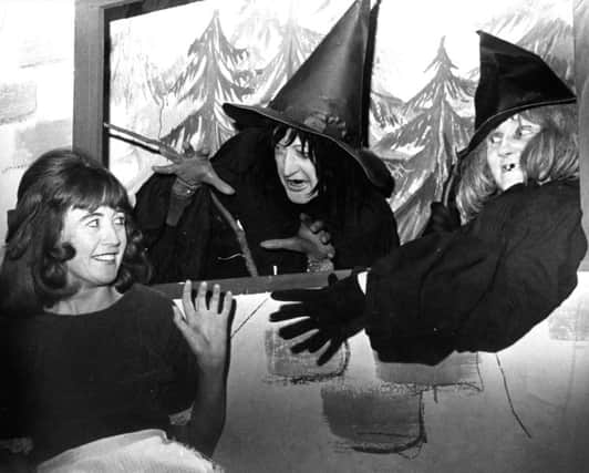 Wynn Waton, the Unwicked Witch, with Wobbie (Anne King) and Hobbie (Pat Moore) in a scene from Unwicked Witch, which Cleadon Village Drama Club was presenting in the Little Theatre.