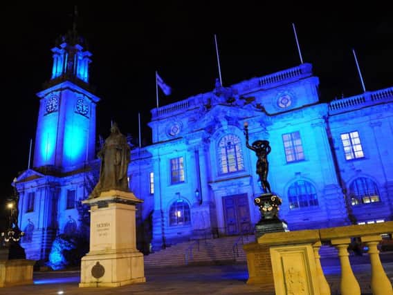 South Shields Town Hall bathed in blue to mark World Diabetes Day.