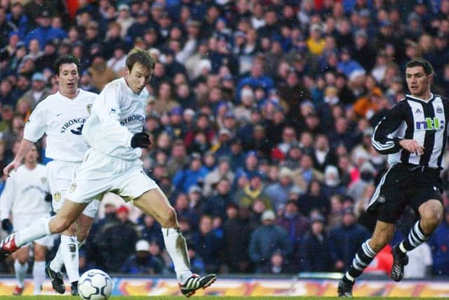 Lee Bowyer fires home Leeds's first-half equaliser.