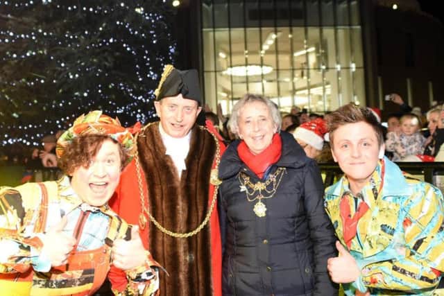 The Mayor and Mayoress of South Tyneside, Couns Alan and Moira Smith, with performers at the Christmas lights switch-on in South Shields.