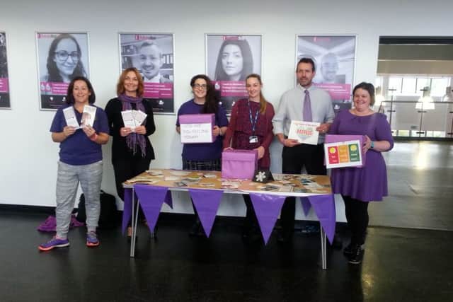 Mortimer Community College staff supporting the Light Up Purple on World Mental Health Day initiative.