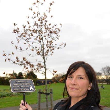 Barbara Dickson memorial plaque for domestic abuse victims.
Daughter, Nicola Nelson