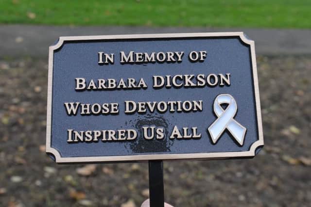 Barbara Dickson memorial plaque for domestic abuse victims.