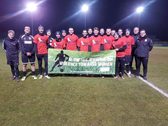 South Shields FC players and staff spread the message of the White Ribbon campaign.