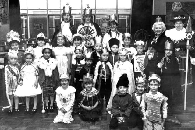November 1988 and children and staff of Monkton Infants School are all dressed up.