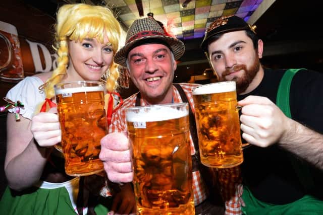 South Shields first Bierkeller, Das Wunderbar.
From left supervisor Laura Heppell, entertainer Rob Orton and bar staff Mario Rascol