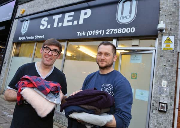 South Tyneside Exchange Programme NECA staff Steve Brown and Colin Lawton (R) take part in the Stay Warm campaign