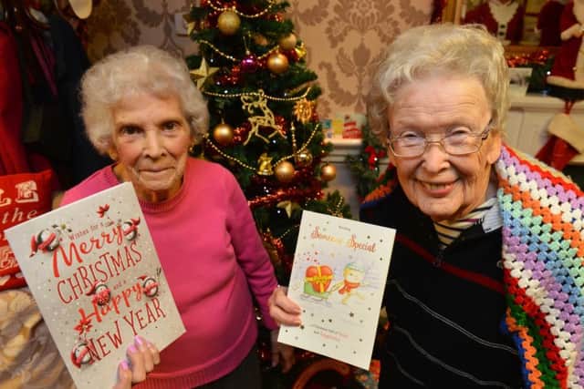Westoe Grange Care Home Christmas cards. Residents Elsie Burne and Edythe Brandon.