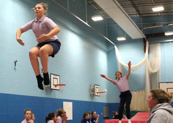 South Shields School trampoline squad members, L-R, Eve Blackburn and Emily Snell with a spring in their step.
