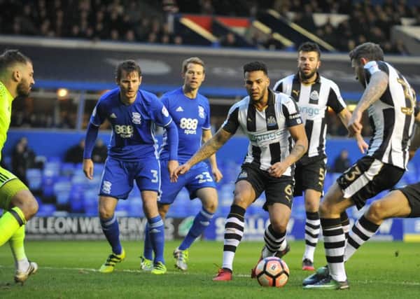 Daryl Murphy fires Newcastle United into an early lead at St Andrews on Saturday. Picture by Terry Rickeard.