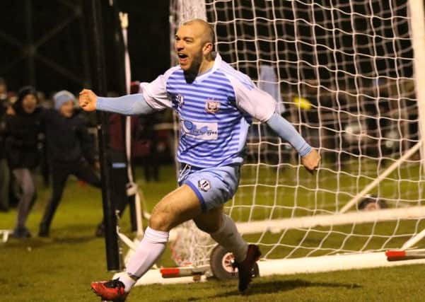 Gavin Cogdon celebrates scoring South Shields' first goal in last night's win at Morpeth. Picture by Peter Talbot
