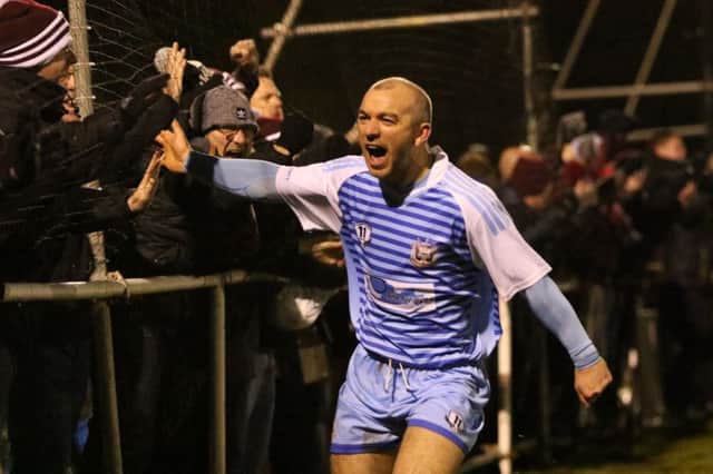 South Shields forward Gavin Cogdon celebrates his first of two goals in the 4-0 win at Morpeth Town in midweek. David Foley scored the other two. Image by Peter Talbot.