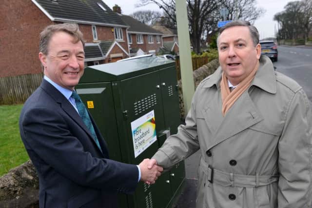 Whitburn Village is first to benefit from BT Digital Durham fibre broadband.
From left BT Regional Partnership Director Simon Roberson and Coun Ed Malcolm
