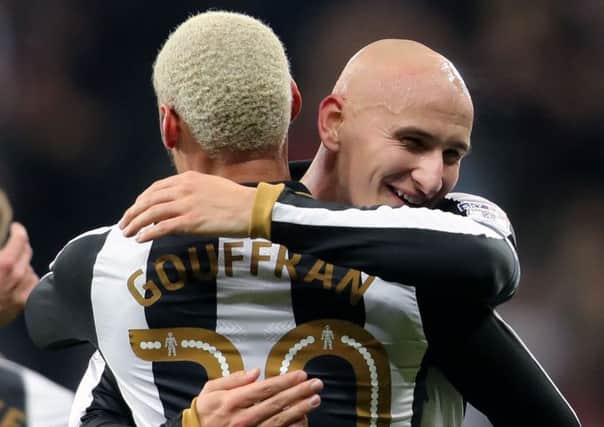Jonjo Shelvey hugs Yoan Gouffran to celebrate the Frenchman's goal in last night's FA Cup replay win over Birmingham City