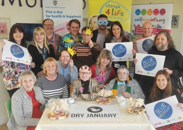 Coun Moira Smith, front left, with members of the Change4Life Health and Wellbeing Champions Network at a tea-total party to celebrate Dry January and Blue Monday.