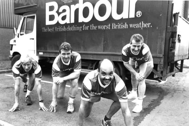 Employees of J Barbour and Sons Ltd and Monkton cokeworks taking part in a 125-mile sponsored relay race to raise money for North of Egland Children's Cancer Research Fund.  Pictured left to right are:  Joe Hardy (Monkton cokeworks), Alan Phillipson (Barbours), Ossie Sahar (Babours), and Brian Helm (Barbours).