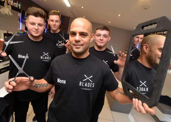 Blades Barber Shop. Owner Monaf Ullah with South Tyneside College apprentices Shaun Rundle, Ryan Stobbs and Lenny Davies.