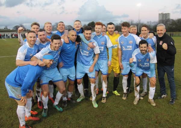 South Shields players celebrate on the pitch after their 5-2 FA Vase win at Team Solent. Pic: Peter Talbot.