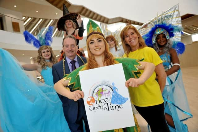 The Mayor of South Tyneside, Coun Alan Smith, and Sandy Harris from Creative Seed launching this years South Tyneside Summer Parade at The Word, with colourful characters from childrens literature.